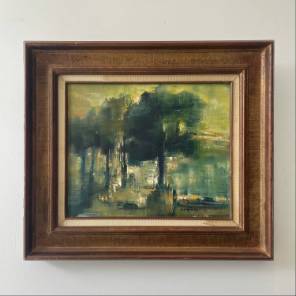 Evocative Oil Painting of Trees by a Lake